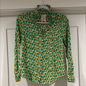Anthropologie Green and Yellow Long Sleeve Button Down Shirt with Notched Collar